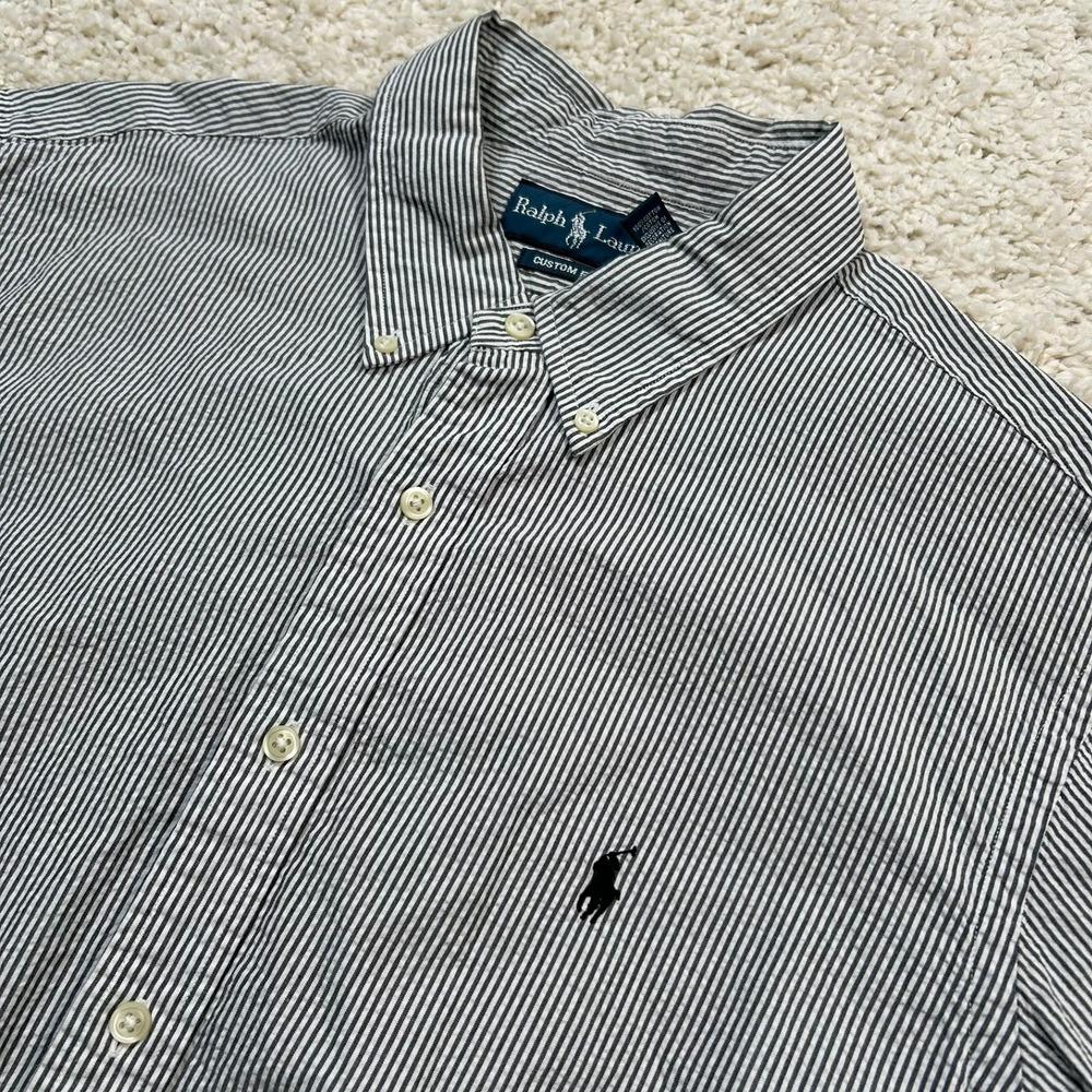 Ralph Lauren Seersucker Button Down Shirt XL Navy White Striped Custom Fit